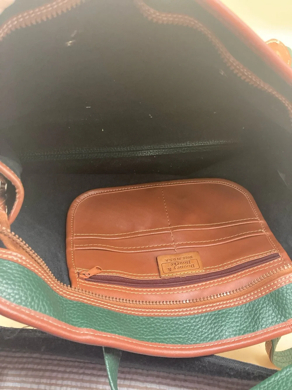 Dooney & Bourke Forest Green Pebbled Leather Tote with Brown Trim Vintage